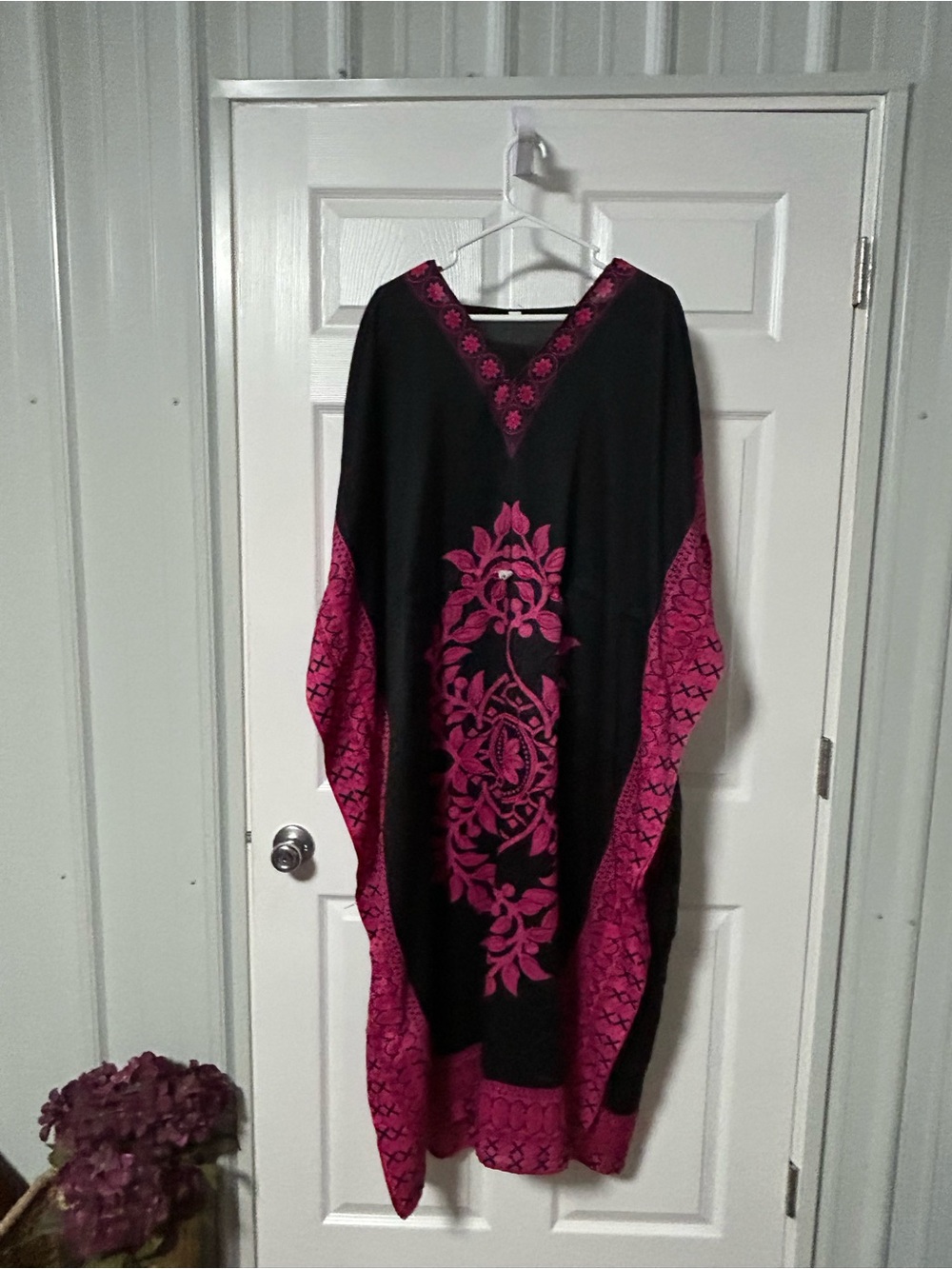 Black Caftan with Hot Pink Floral Embroidery - Free size